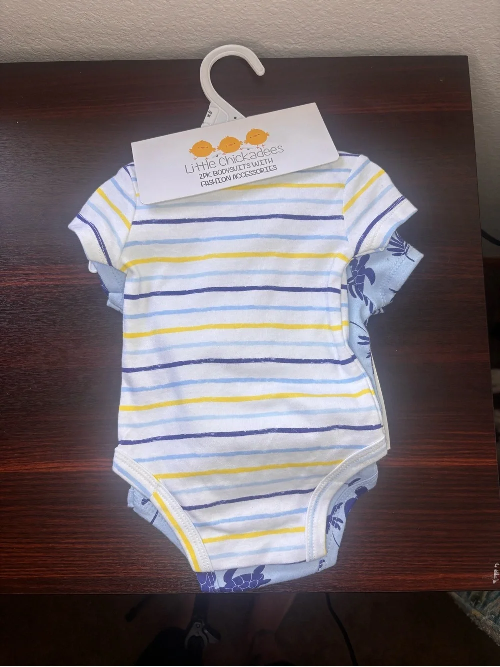 NWT Little Chickadees 0-3 Baby Boy 2-Pack Onesie’s w/Hat & Sunglasses Set